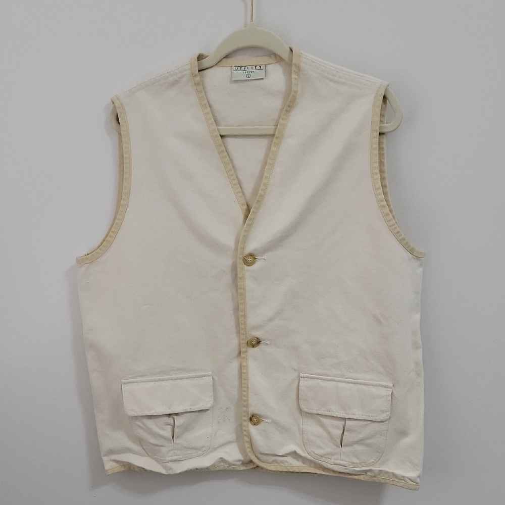 UTILITY Canvas Vest In Cream and Tan Size L Made In USA 100% Cotton Button Front